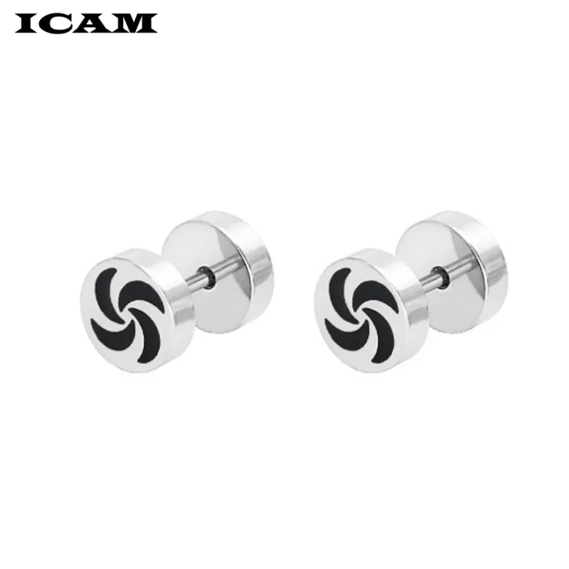 Icam Fashion Black Silver Stainless Steel Pinwheel Earrings Women Men's