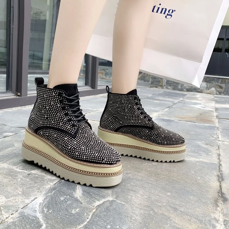 

Women Leather Shoes High-top Vulcanized Shoes Crystal Sewed Rhinestone Hot Sale Girls Beautiful Sneakers New Designs N10-21