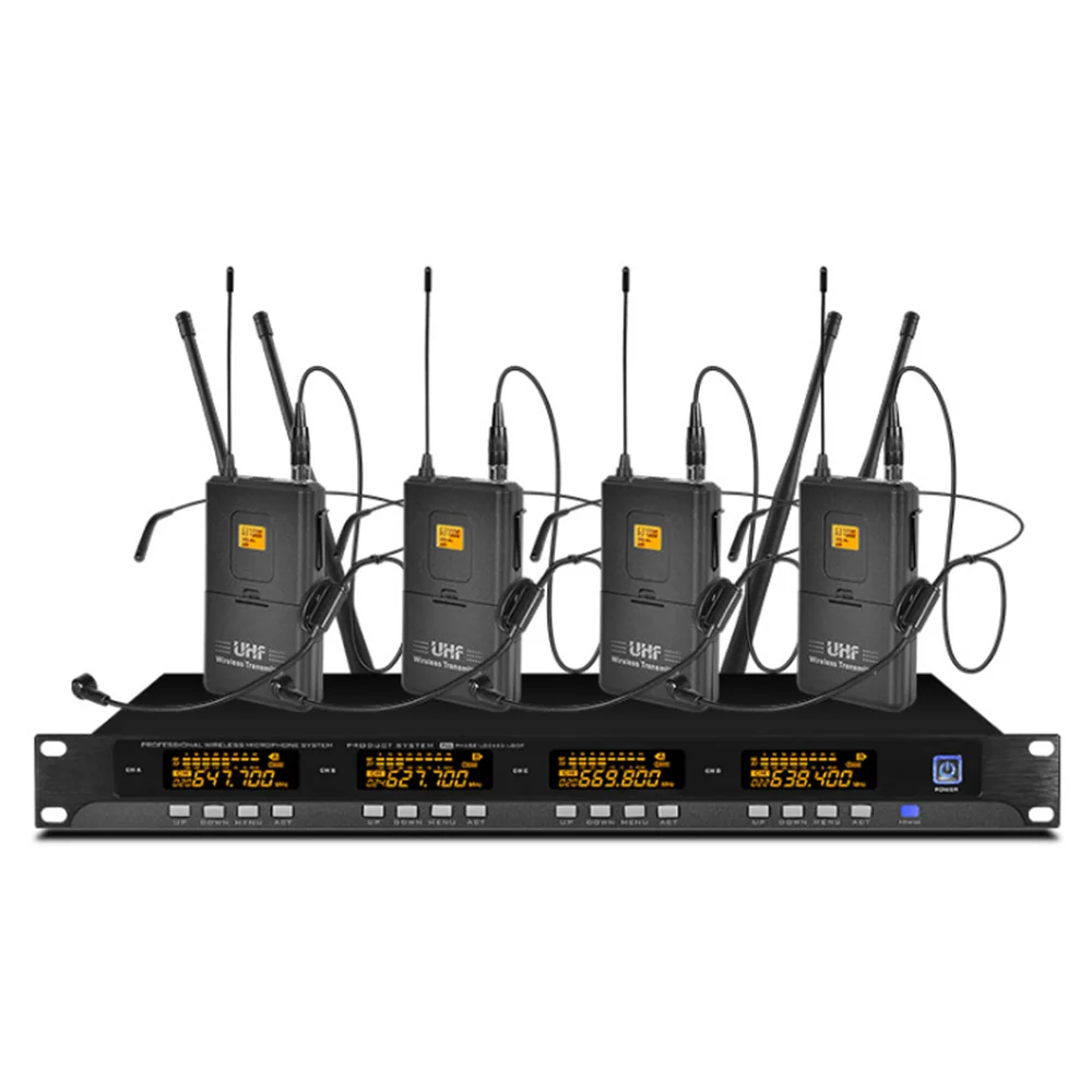 

Metal 4-channel UHF wireless microphone system with 4 head-mounted microphones for stage church family gatherings