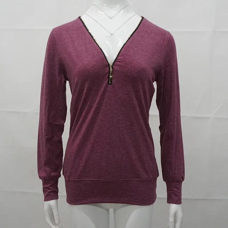 Fuchsia Большие размеры 4xl 5xl женские новые осенние однотонные зеленые Топы с длинным рукавом на молнии с v-образным вырезом Женская футболка Повседневная Свободная Женская футболка - Цвет: Fuchsia