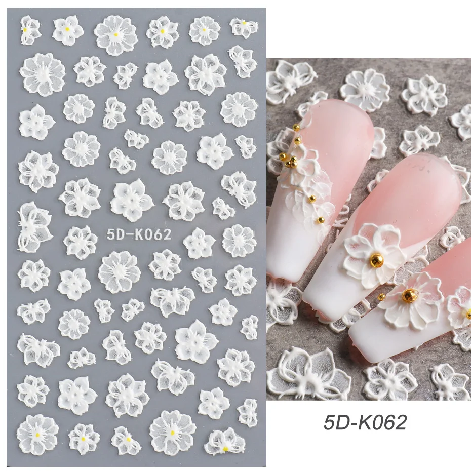 5d White Embossed Flower Lace Nail Stickers Acrylic Engraved Butterfly