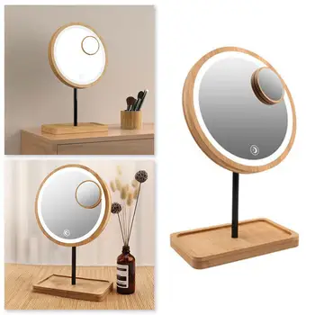 

Wooden Desktop LED Makeup Mirror 3X Magnifying USB Bright Adjustable Touch Screen Beauty Charging Diffused Light Mirrors W9U2