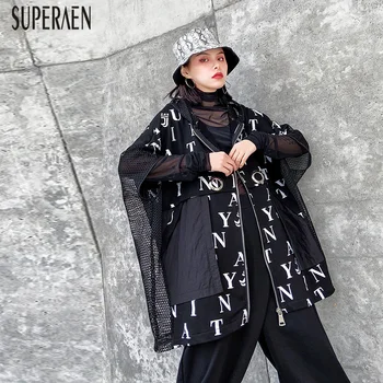 

SuperAen Women's Jackets Spring New 2020 Pluz Size Wild Laides Jackets Lettered Hooded Bat Sleeve Fashion Women Clothing
