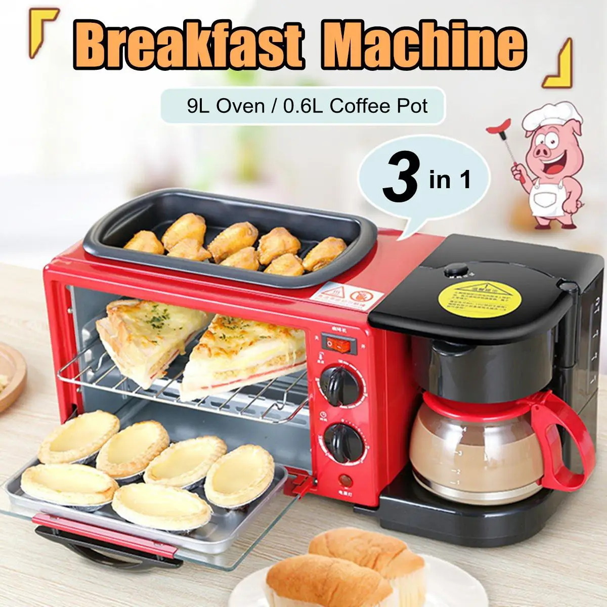 

3-in-1 Multifunction Breakfast Machine Coffee Pot Frying Pan Oven Bread Baking Maker Bread Toaster Fried Egg Coffee Cooker