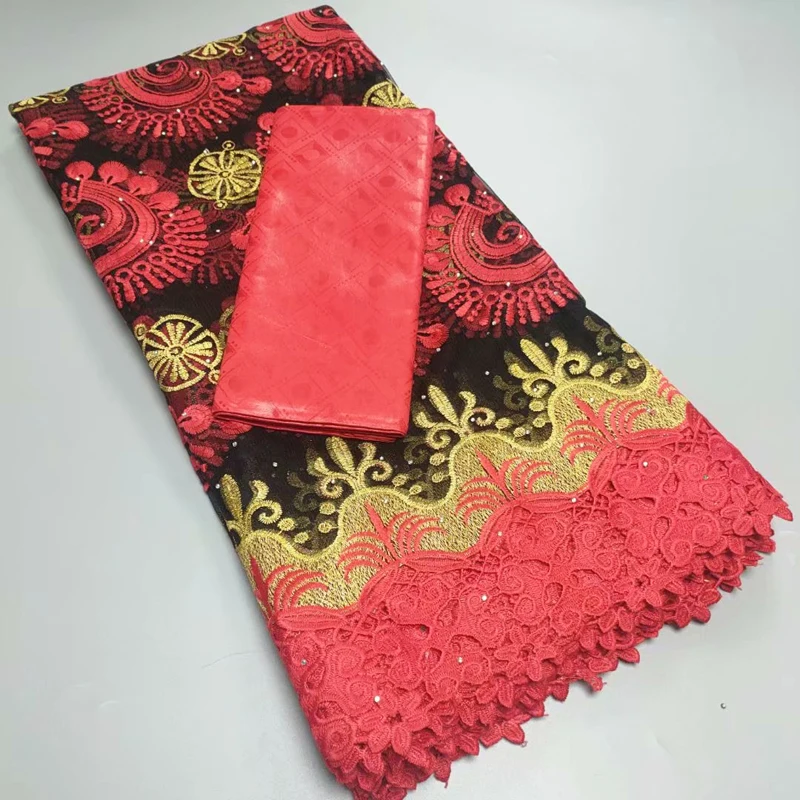 

High Quality African Nigerian Tulle Lace Fabric Embroidery Milk Silk Voile Cord French 2.5+2.5Yards T30043
