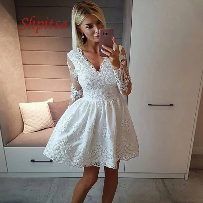 Women Full Lace Long Sleeve Evening Formal Cocktail Party Mini Dress 