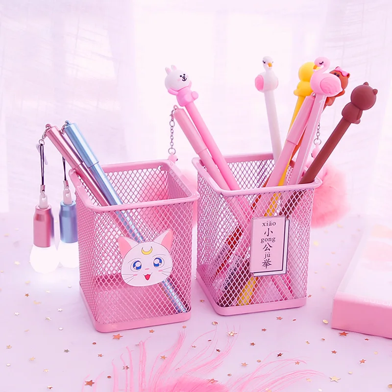 

Creative Children Students Cartoon Metal Iron-net Pen Container Desktop Hollow out Grid Office Ornaments Stationery Storage Buck