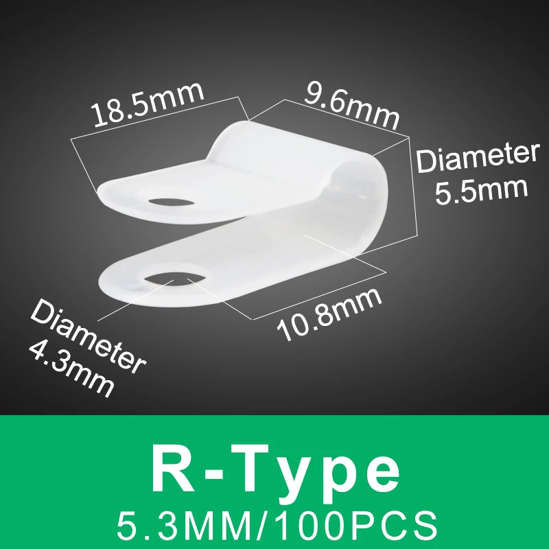100 clip per cavi in plastica di tipo R, colore nero, possono