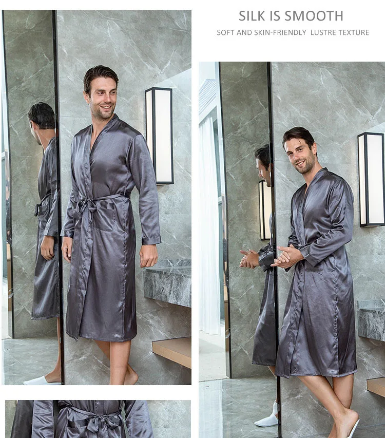 Solid Black Groomsman Robe Men Silk Satin Robe Summer Casual Sleepwear V-Neck Kimono Yukata Bathrobe Gown Size S M L XL XXL pink silk pajamas
