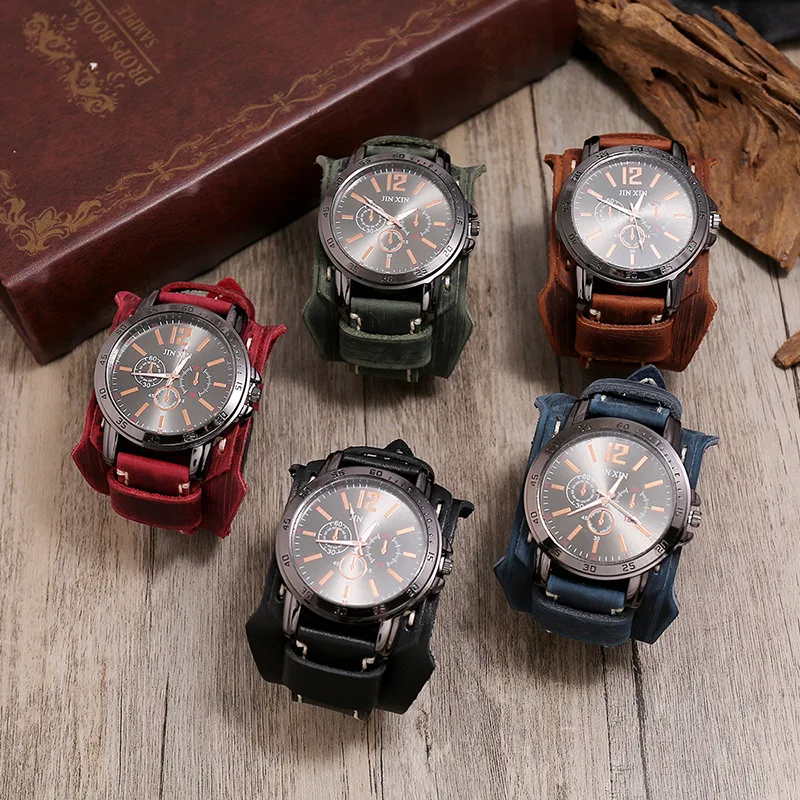 2025 Cowhide Strap Watches Men Punk Style Retro Fashion Wide