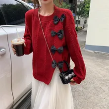 

Fall Bow Split Sweater Argyle Sweater Red Black Sweater Womens Plus Size Knit Pullover Autumn Lazy Oaf Long Sleeve Top Lady