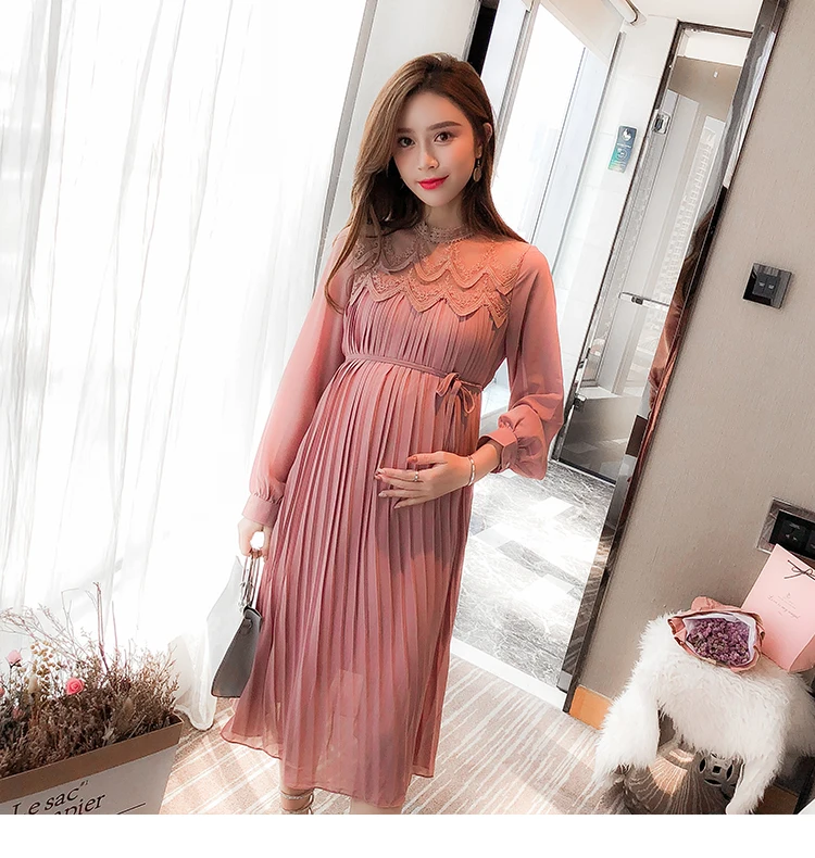 Envsoll Spring Autumn Maternity Dress Mom Long-sleeved Lace Pleated Chiffon Dress Maternity Clothes For Pregnant Women
