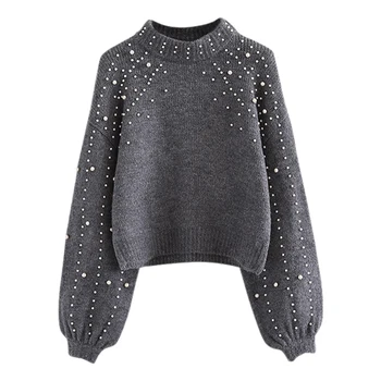 

Autumn Winter Casual High Sweaters Women Turtleneck Loose Beaded Pearl Lantern Sleeve Pullover Sweater