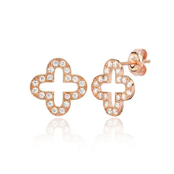 

925 Sterling Silver Stud Earrings Clover Design Zircon Stone Turkish Handmade Mint Jewelry