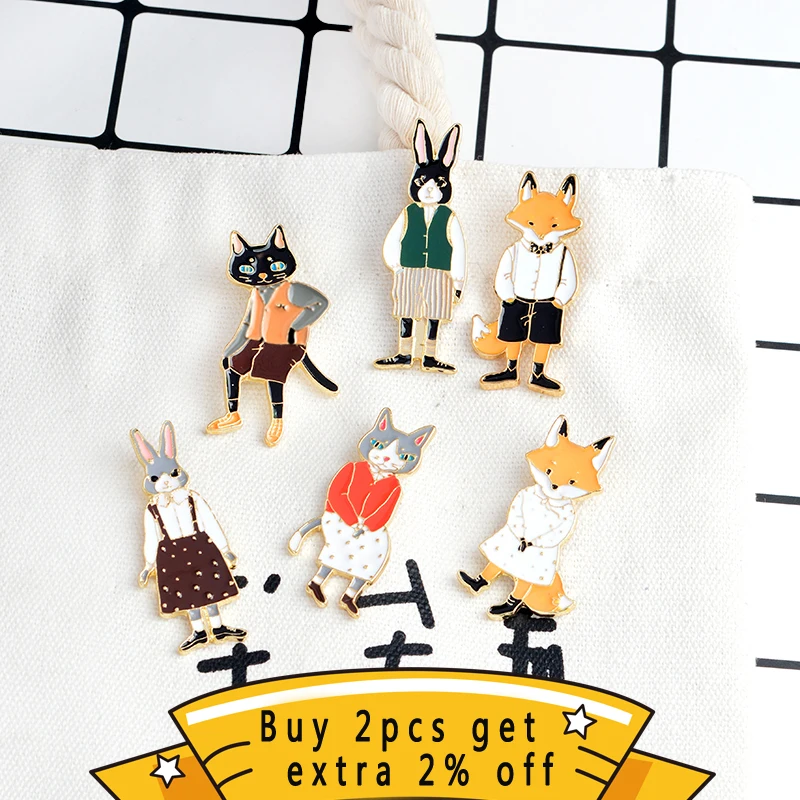 QIHE JEWELRY Pins and brooches Rabbit Fox Cat couple enamel pin Badges Hat Backpack Accessories Lovers