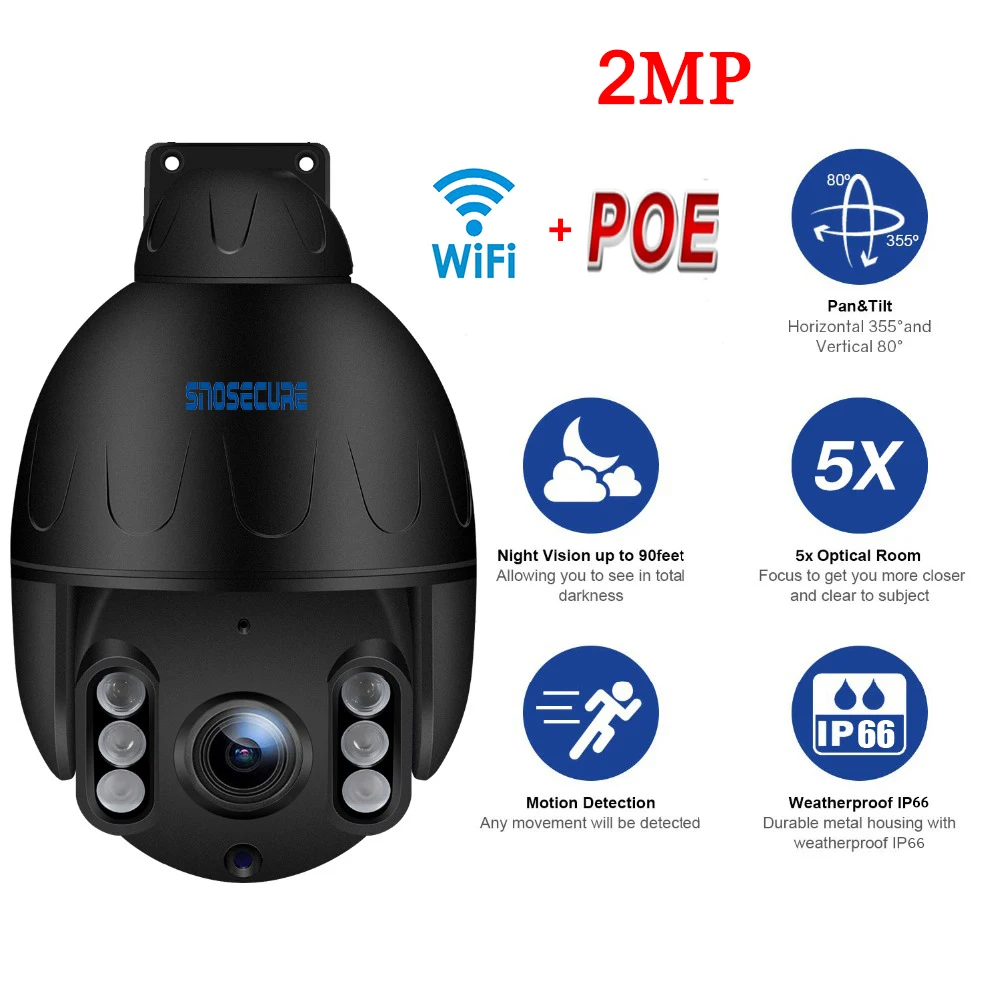 SNOSECURE PTZ скоростная купольная wifi 1080P ip-камера для улицы 5x оптический зум 2MP беспроводная камера H.265 IR 50m ONVIF двухсторонняя аудио связь
