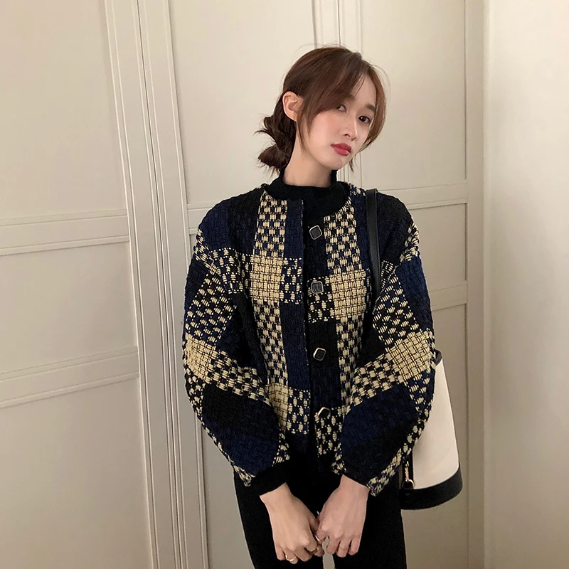 Korean Plaid Tweed Jackets Coat Women Oneck Long Sleeve Vintage Woolen