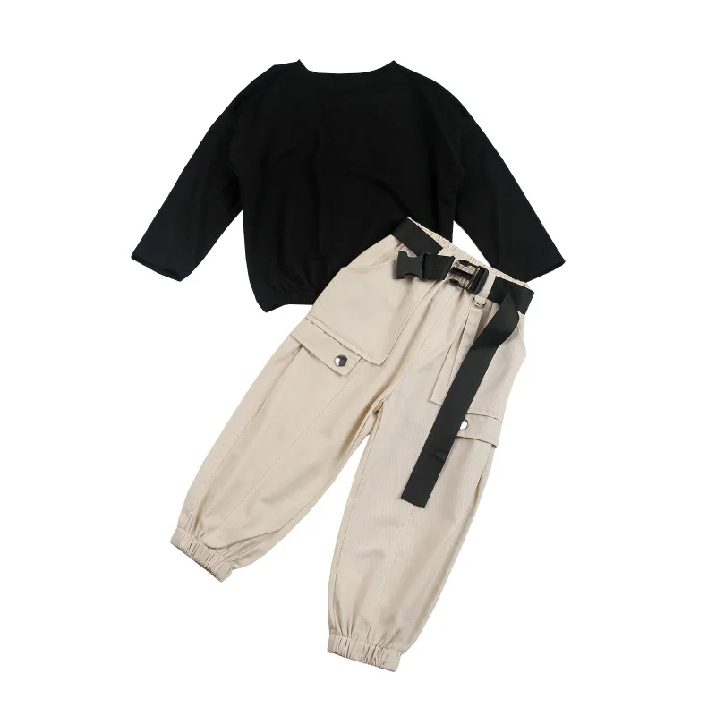 Осенний Повседневный Спортивный костюм для маленьких девочек, комплект спортивной одежды из 2 предметов для маленьких девочек, комплекты одежды для малышей, комплекты одежды из футболки и штанов - Цвет: Black suit