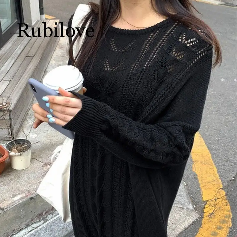 Rubilove, Осень-зима, женское длинное вязаное платье, свободное, повседневное, негабаритное, вязанное, макси платье-свитер