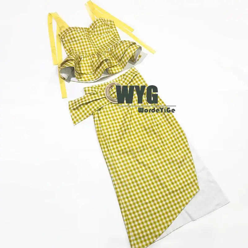 Elegant Yellow Plaid Sleeveless Tops + Irregular Skirts 2020 Summer High Quality Printed Sexy Wasp Waist Tops and Empire Skirt
