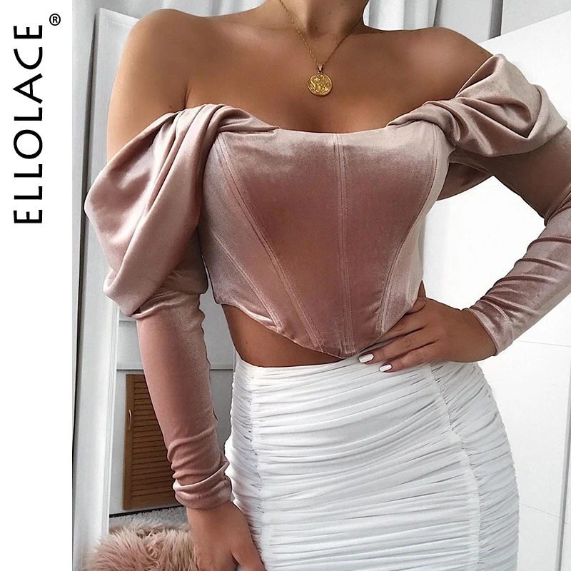 

Ellolace Elegant Pink Crop Tops Ruched Female Puff Sleeve Slash Neck Tops Slim Fashion Sexy Cropped Bustier Women Velvet Top