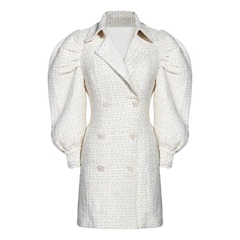 

iMucci Vintage Tweed Women Dress Lapel Collar Lantern Long Sleeve High Waist Tunic Ruched Dresses For Female Fashion Tide TM1534