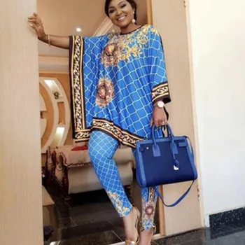 

2020 African Clothes Printed Two-Piece African Women's Wear Dashiki Casual O-Neck Bat Sleeve Top and Stretch Pencil Pants Set