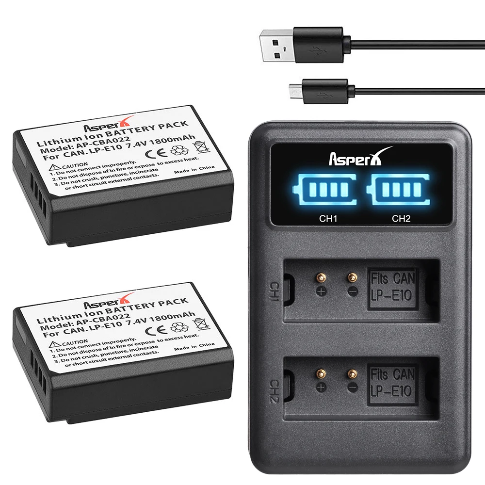 

AsperX 2x 1800mAh LP E10 LPE10 LP-E10 Camera Li-ion Battery Bateria + USB Charger For Canon 1100D 1200D Kiss X50 X70 Rebel T3 T