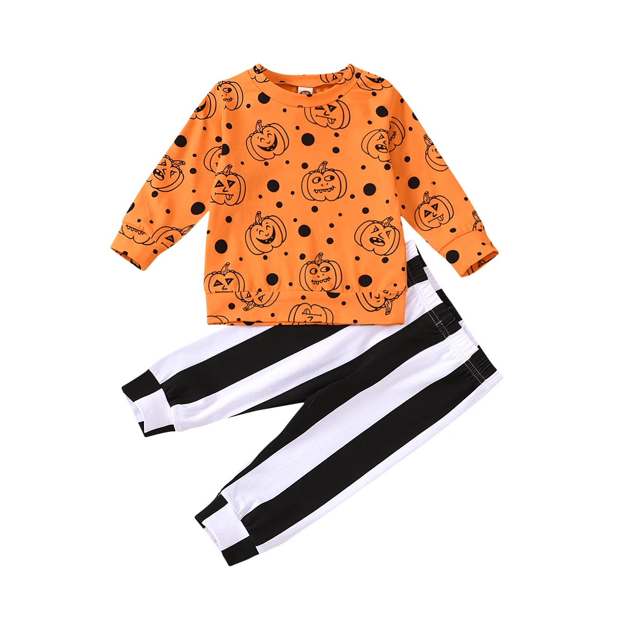 

Halloween Baby Boys Girls Autumn 2Pcs Set Long Sleeve Pumpkin Printed Top+Striped Long Pants Outfit Clothes