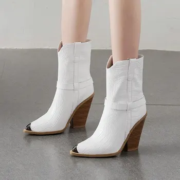 

2019 Autumn Winter Ankle Boots Women Boots Pu Leather Wedges High Heel Western Boots Pointed Toe Fashion Shoes Black White