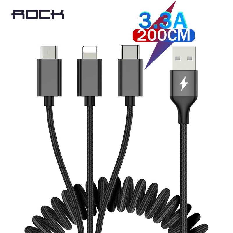 

ROCK 3 in 1 USB Cable Metal Retractable Spring Cable Fast Charging Nylon Braided Type C Micro USB Data Cable for iPhone Samsung