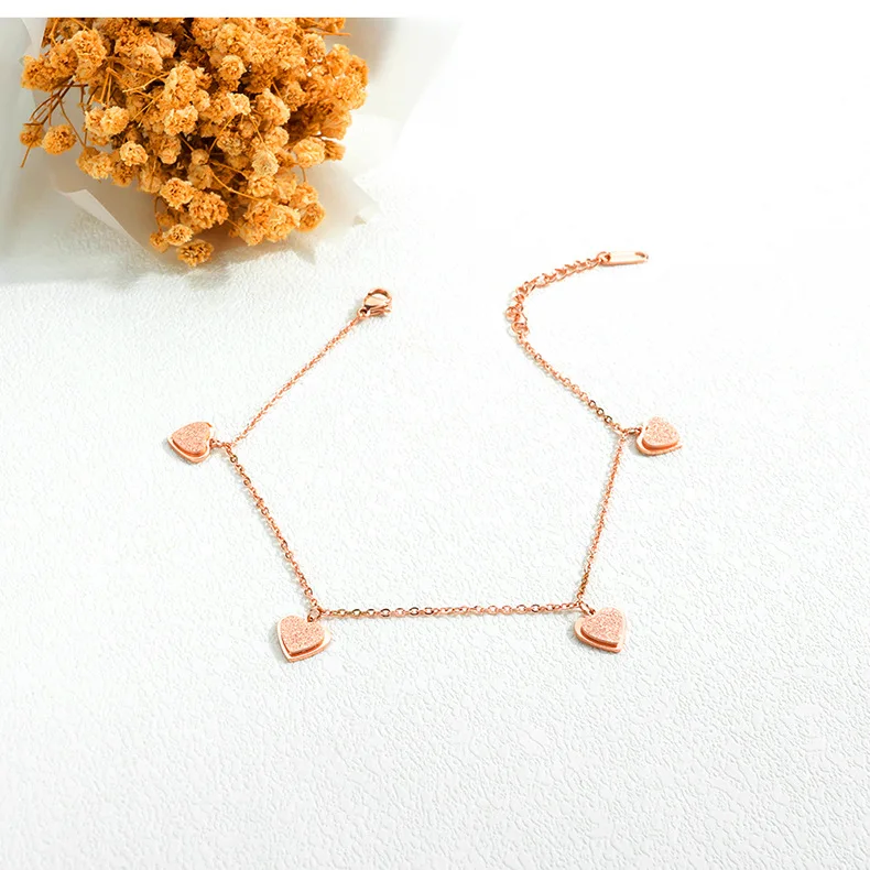 OPK Korean-style Summer Beach Fashion Titanium Steel Anklet Double Layer Dull Polish Heart Peach Heart Foot Ornaments