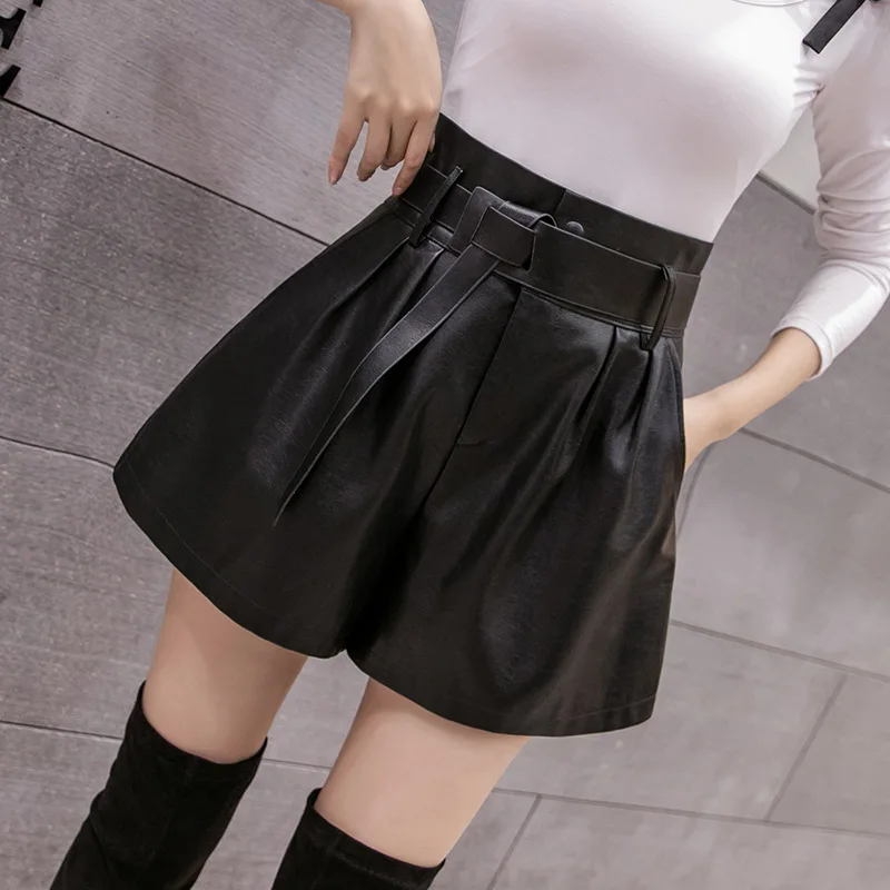 PU Leather Shorts Women 2020 New Autumn Winter Korean Style Fashion High Waist Wide Leg Loose Slimming Leather Boots Shorts