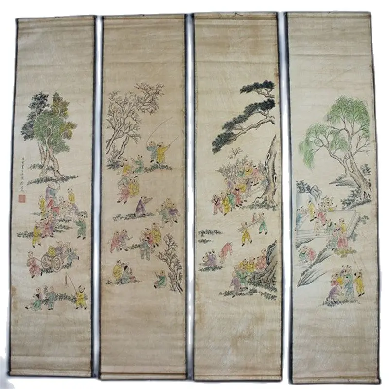 China Old Scroll Painting Four Screen Paintings Middle Hall Hanging Hundred Child Graph | Дом и сад