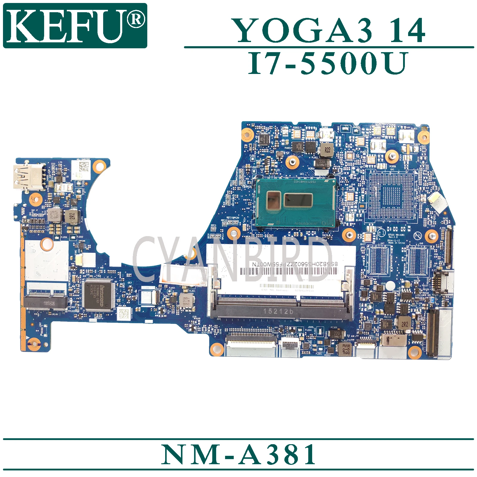 

KEFU NM-A381 original mainboard for Lenovo YOGA 3-14 with I7-5500U Laptop motherboard