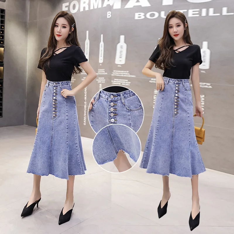 

2020 Spring New Style Mid-length Buckle Fishtail Skirt Denim Skirt Women's Slim Fit Sheath Step Long Skirts