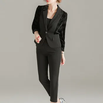 

Pant Suits Office Ladies 2020 Spring Autumn New Fashion Patchwork Single Button Slim Blazer + Calf-Length Pant Two Piece Set
