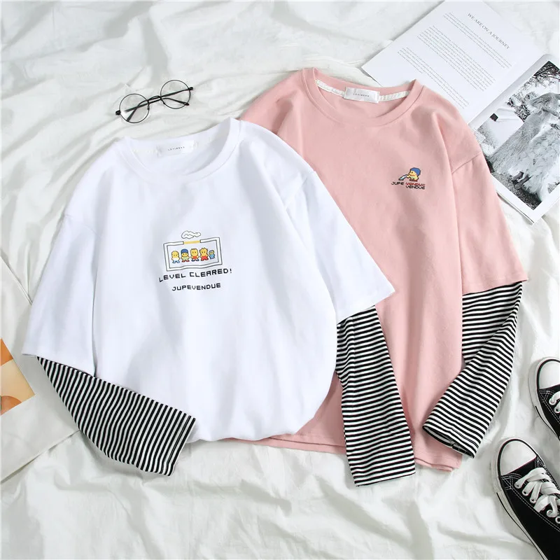 Camiseta de manga larga Harajuku para mujer, ropa de calle de Hip-hop, camisetas de dibujos animados de franja coreana, Top rosa y blanco para niña 2021