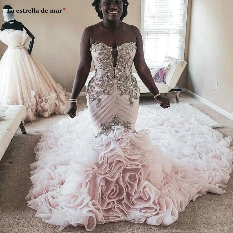 

vestido novia sirena 2020 new 3D flower crystal sweetheart halter pink mermaid black girl wedding tail abiti sposa Dubai bridal