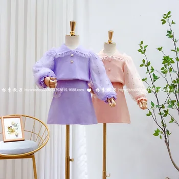 

Children's suit 2020 autumn new product Western style lapel and mesh sleeves knitted top and skirt two-piece suit