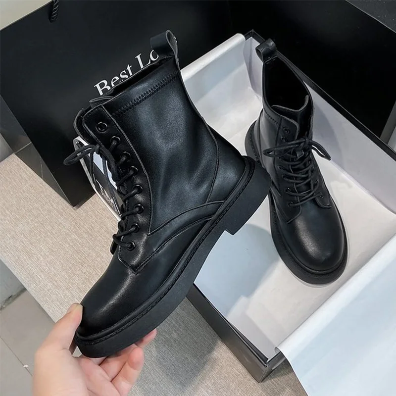 

Women Boots Ladies Lace Up Combat Boot Chunky Heels Soft Leather Women's Sewing Ankle Boots Female Footwear Classic Design
