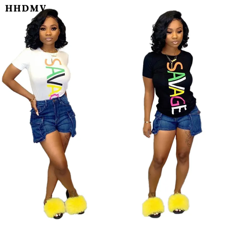 

HHDMV SD9159 hot sale women reduction of age short sleeve round neck t-shirt street hip hop wind letters 2 color t-shirt