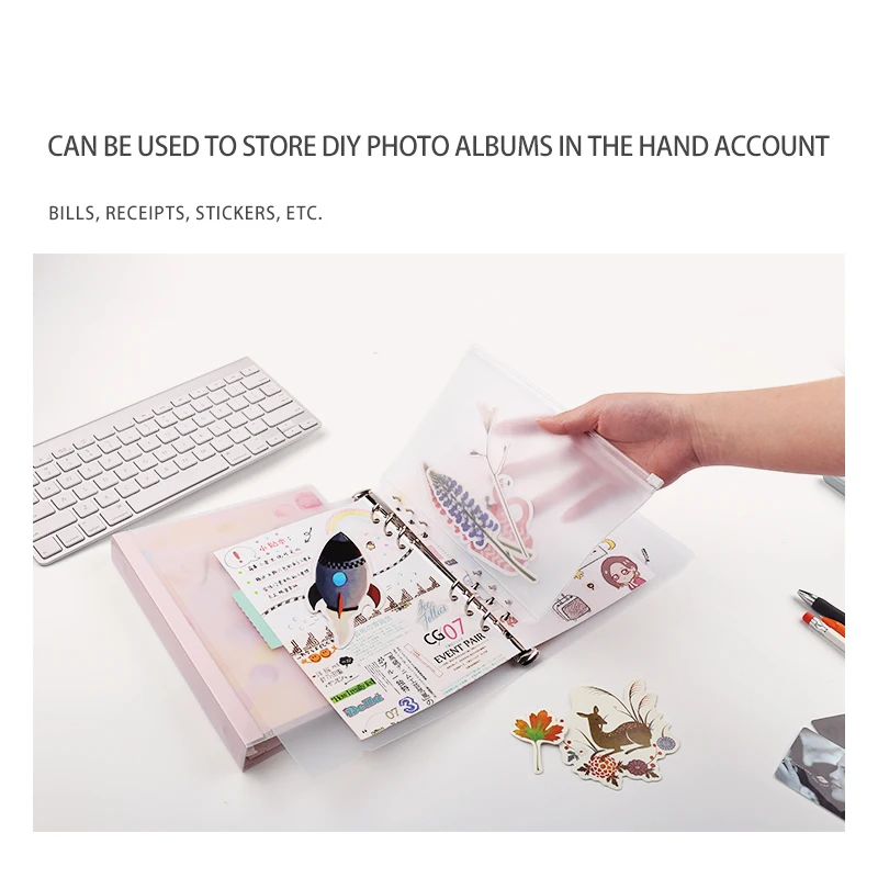 2pcs Translucent Binder Pockets PVC A5 A6 A7 6-Ring Zipper Filing Bag Folders Loose Leaf Filing Storgae Bag Files Reports Binder