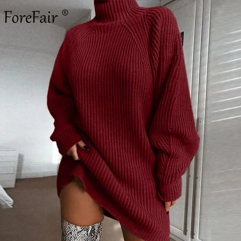 Forefair, вязаное платье большого размера, свитер, осень, одноцветное, длинный рукав, повседневное, элегантное, мини, теплое, зимнее, с высоким воротом, платье для женщин - Цвет: Burgundy Dress