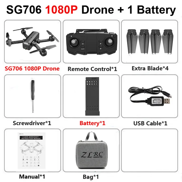 SG706 Folding drone 4k profesional WIFI FPV Quadrocopter with camera HD air selfie quadcopter Speed control optical flow Drones - Цвет: 1080P 1B BAG