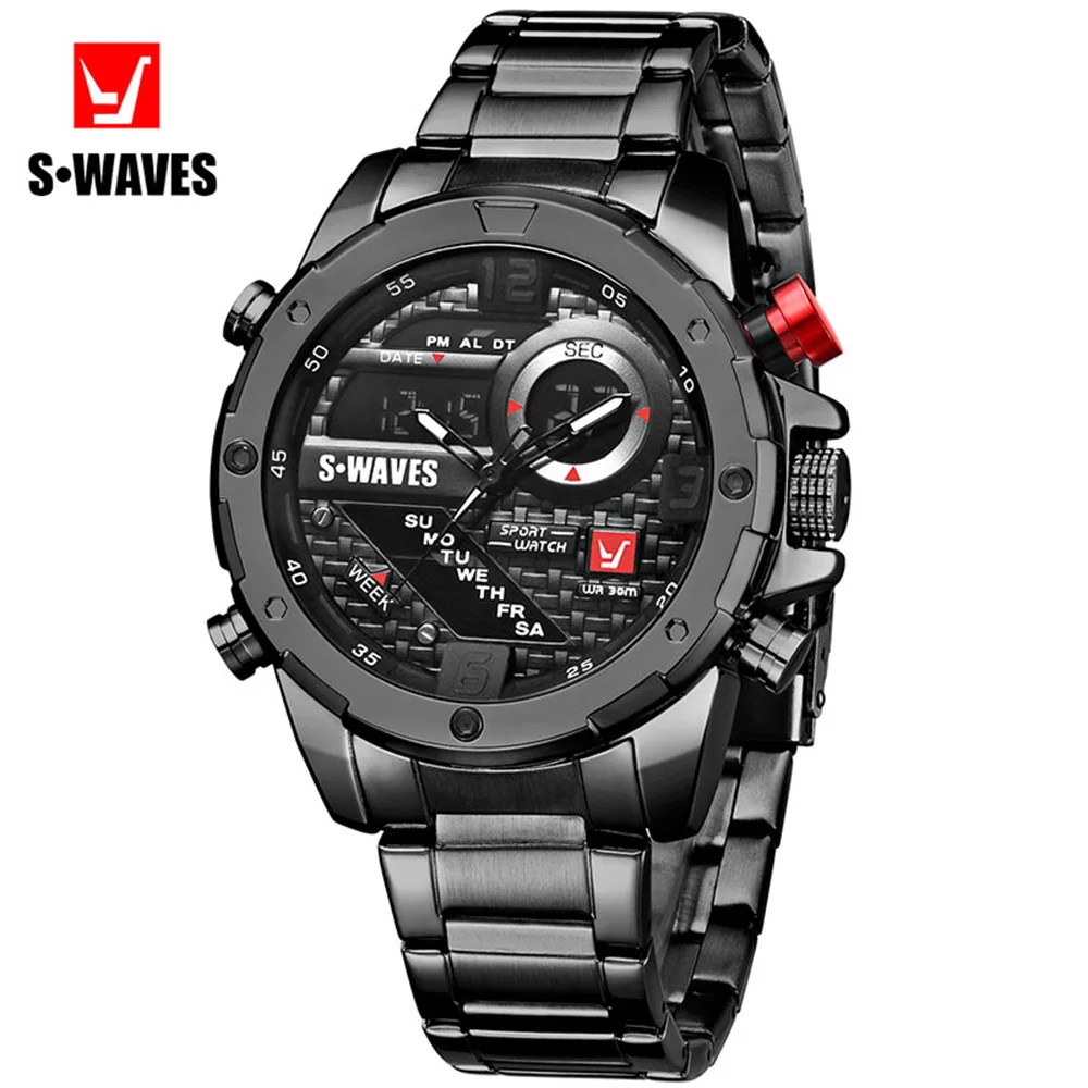 

SWAVES Dual Display Watch Men Clock Luxury Waterproof Watches Mens 2019 Quartz Fashion Stainless Steel Sport Army Reloj Hombre