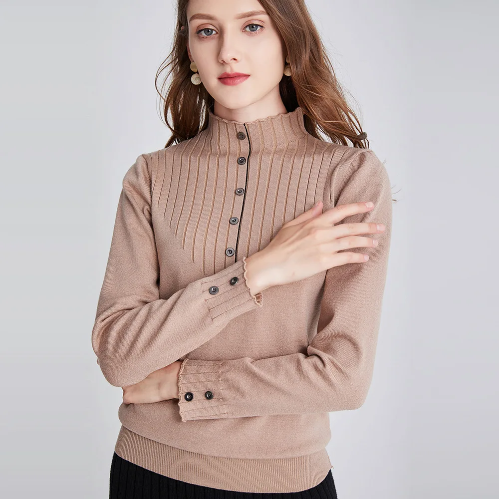 BornToGirl Spring Autumn Winter Women Knitted TShirt Woman Long Sleeve High Neck Black White Blue Green Khaki T Shirts