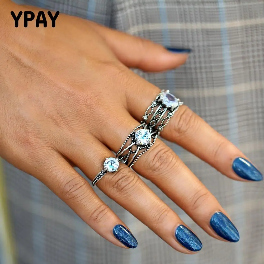 

3PCS/SET Vintage Ethnic Exaggerate Rings Set for Women Crystal Knuckle Midi Rings Statement Jewelry Gift Bague Femme YMCJR016