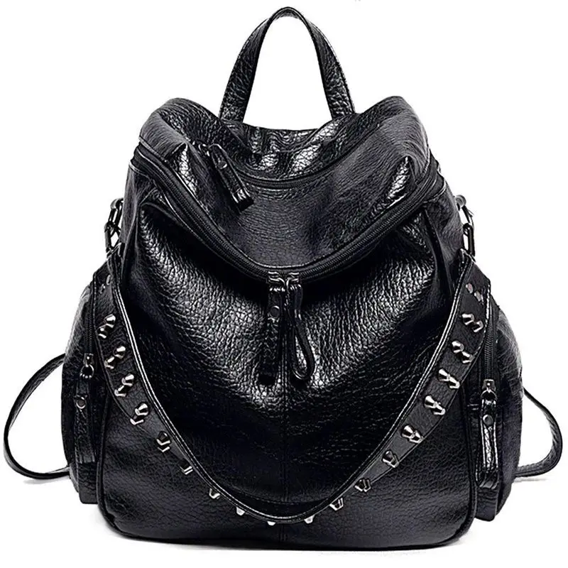 

Women Backpack Purse 3 ways PU Washed Leather Rivet Studded Ladies Rucksack Shoulder Bag(Black)