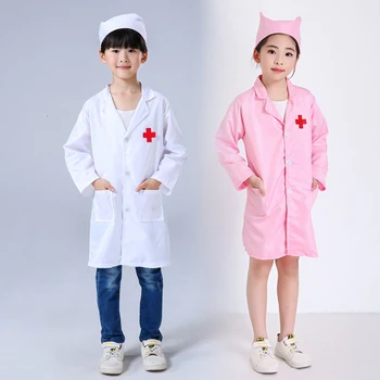 

Girl Boy Doctor Nurse Medical Uniforms Kids White Surgical Cap Robe Lab Coat Children Scrub Cap Medico Hospital Cosplay Costumes